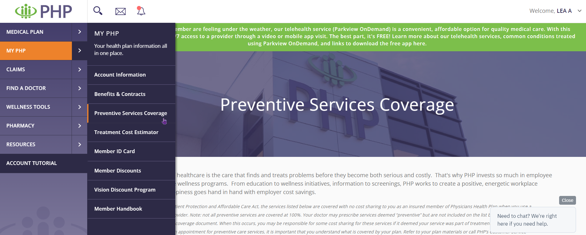 Preventive Services Coverage displayed on the PHP website 